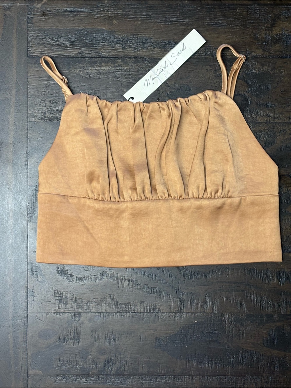 Mustard Seed Tan Ruched Crop Cami with Adjustable Straps